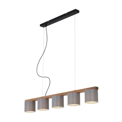 Afbeelding van Briloner Leuchten Hanglamp, hanglamp 5 vlammig, retro, vintage, in hoogte verstelbaar, 5x E14, max. 25 Watt, metaal hout incl. grijze stoffen paraplu&#039;s, 1100x150x1360mm (LxBxH)