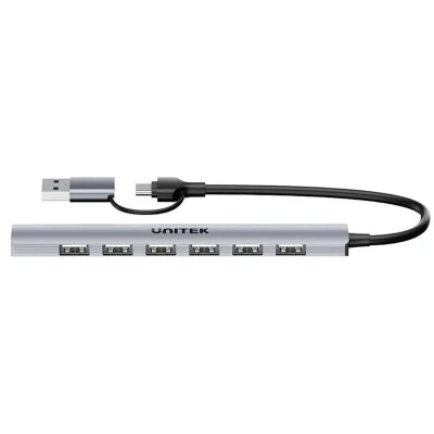 Afbeelding van Unitek HUB USB A/C 7W1 A 5 GBPS (USB A, C, 7 Havens), Docking station + hub, Grijs