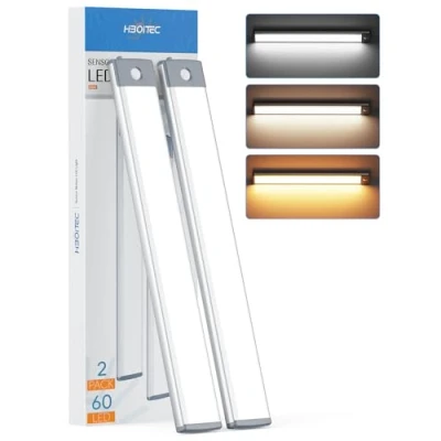 Afbeelding van HIBOITEC 60 LED kastverlichting, 3 kleuren, traploos dimbaar, bewegingssensor, kastverlichting binnen, oplaadbare batterij aangedreven kledingkastlamp voor keuken, trap, gang (2 stuks)