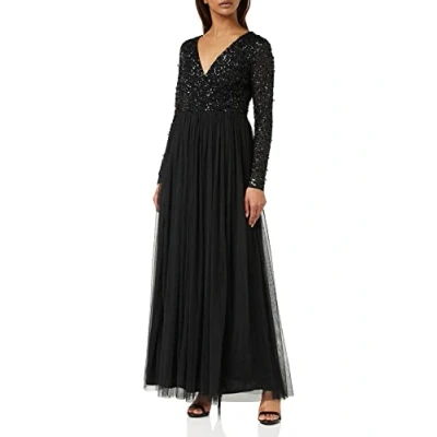 Afbeelding van Maya Deluxe Maxi jurk voor dames, lange mouwen, V hals, diepe pailletten, verfraaid bruiloft, gast, bruidsmeisje, gala, A lijn, 38