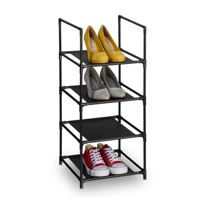 Afbeelding van Relaxdays schoenenrek, 4 etages, HBD: 72x33x33 cm, smal schoenen opbergrek, metalen frame, stoffen planken, zwart/grijs