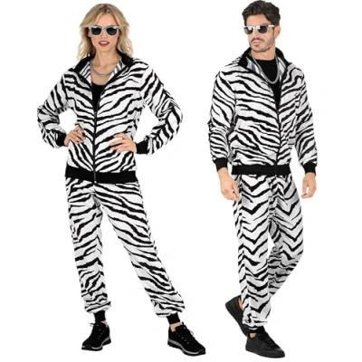 Afbeelding van W WIDMANN MILANO Party Fashion Trainingspak met zebra dierenpatroon, jaren 80 outfit, joggingpak, badknoop carnavalskostuums