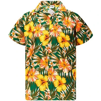 Afbeelding van King Kameha Funky Hawaïaans shirt voor heren, casual, button down, zeer luid, korte mouwen, vakantie, palmen, mono, wild, tropische bloemen, uniseks, Tropisch hibiscus design groen geel, XL