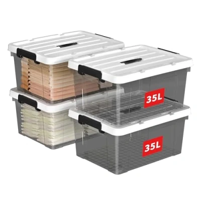 Afbeelding van Cetomo 35L x 4 opbergdozen, plastic opbergdoos met deksels, organiserende container handvat en veilige vergrendelende gespen, stapelbaar, nestbaar, draagtas voor thuiskleding, 4Pack, helder