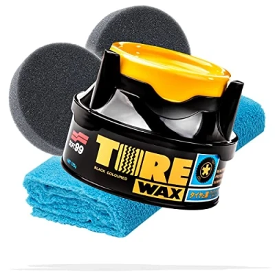 Afbeelding van detailmate Banden en kunststofverzorging Bundle Basis Soft99 Tire Black Wax 170 g + 2 x applicatorpad 1 microvezel polijstdoek 550 GSM bandenwas met kleureffect