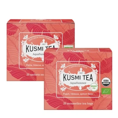 Afbeelding van Kusmi Tea AquaSummer Set van 2 blikken Biologische infusie Hibiscus en fruit melange perzik abrikoos smaak Om warm te genieten of als ijsthee Theïnevrije 2x20 theezakjes