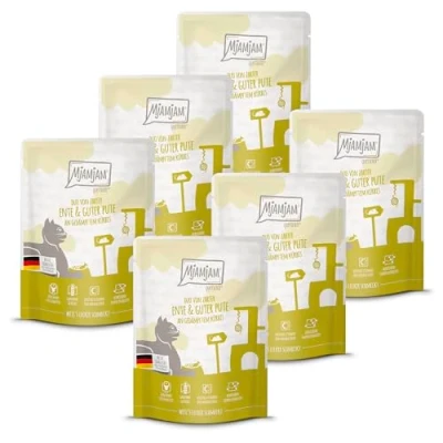 Afbeelding van MjAMjAM Premium natvoer voor katten Quetschie DUO van malse eend &amp; goede kalkoen (hen) met gestoomde pompoen, pak 6 (6 x 300g), graanvrij extra vlees
