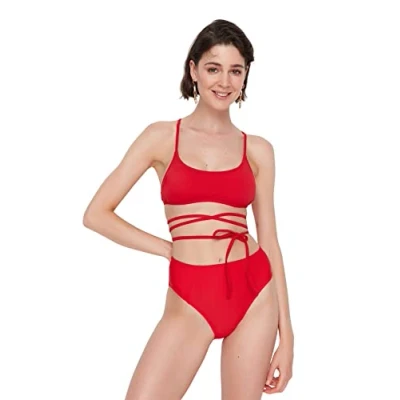 Afbeelding van Trendyol Bruine Geplooide Hoge Taille Hipster Bikinibroek Tbess22Ba0044