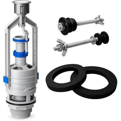 Afbeelding van Rimex Afvoerventiel voor het toiletventiel, 107 mm, toiletspoelbak, wc spoelventiel, met stop, reparatieset afdichtingen en schroeven