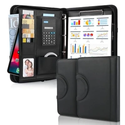 Afbeelding van 2 stuks schrijfmap A4, conferentiemap leer, documentenmap met ritssluiting, waterdichte aktetas ringband, klembord, notitieblok, portfolio padfolio map voor zakelijke vergadering, zwart