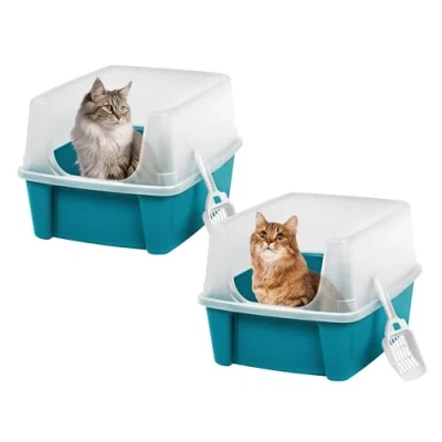 Afbeelding van Iris Ohyama, Dienblad, Kunststof toilet met draagbeugel en schep, L48,5 x D38 H30 cm, Set van 2, opstaande randen, voor katten, CLH 12, eendblauw