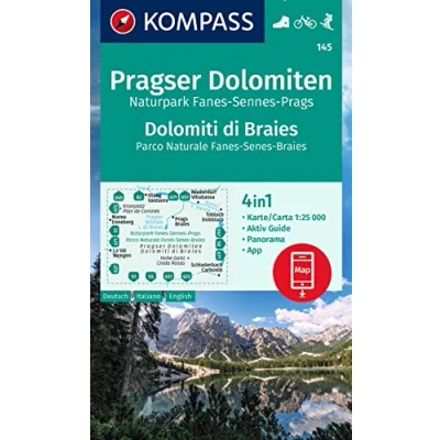 Afbeelding van 145 prasger dolomitten dolomiti di braies: 4in1 Wanderkarte, mit Aktiv Guide und Panorama inklusive Karte zur offline Verwendung in der KOMPASS App. Fahrradfahren. Skitouren.