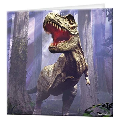 Afbeelding van 3D LiveLife wenskaart T Rex scène uit Deluxebase. Kleurrijke dinosaurus kaart voor elke gelegenheid en leeftijd. Origineel kunstwerk onder licentie van de bekende kunstenaar David Penfound