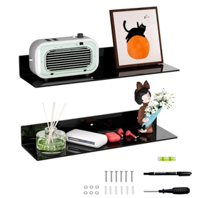Afbeelding van Sezanrpt Zwarte acryl planken voor muur 50 cm, wandgemonteerde boekenkast, plexiglas wanddisplay wanddecoratie, poppen, cosmetica, parfum, boeken, kruidenpotjes, 2 stuks (50 cm)