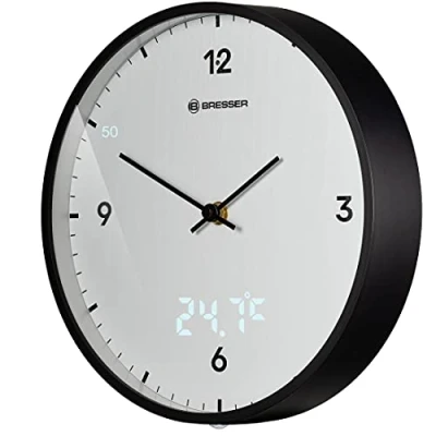 Afbeelding van Bresser MyTime Wandklok Wit Met LED secondenwijzer en Temperatuurweergave 24Ø Stil Uurwerk