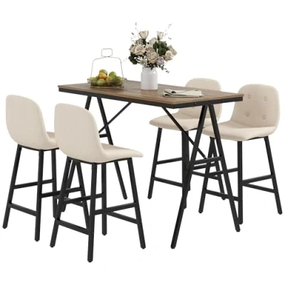 Afbeelding van HOMCOM Bartafel met barkrukset, 5 delige eetgroep, keukentafel, bistrotafel 4 stoelen, bartafelset voor keuken, woonkamer, staal, beige, 120 x 60 91 cm