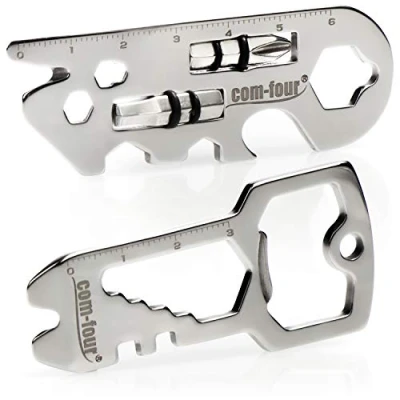 Afbeelding van COM FOUR® 2 delige multitoolset functioneel gereedschap van roestvrij staal met 22 functies sleutelgereedschap flesopener voor kamperen, wandelen, werkplaats, modelbouw (2 stuks Multitool A)