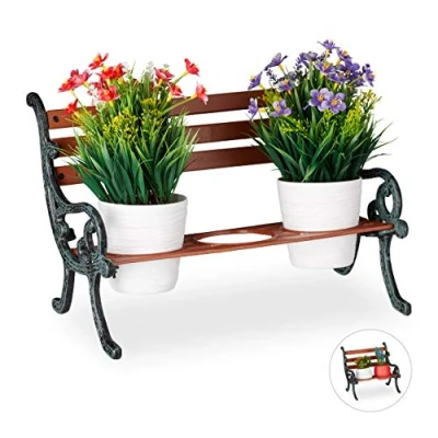Afbeelding van Relaxdays mini plantenrek, gietijzer &amp; hout, pothouder voor 3 bloempotten, Ø 9 cm, tuindecoratie, bruin/grijs groen