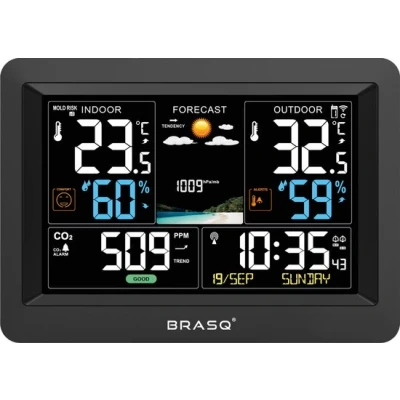 Afbeelding van BRASQ Draadloos Weerstation binnen en buiten Met CO2 meter Hygrometer buitensensor tot 60 Luchtvochtigheidsmeter Thermometer Barometer inclusief batterijen