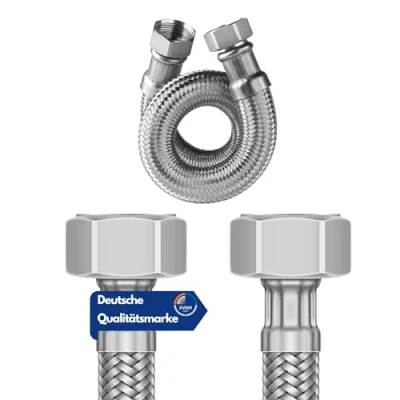 Afbeelding van DVGW geteste flexibele slang 3/8 en 1/2 inch, incl. afdichtingen, aansluitslang armatuurslangverlenging, pantserslang (3/8 inch wartelmoer aan beide zijden, 50 cm)