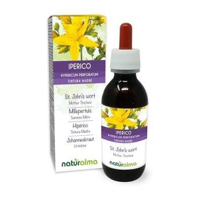 Afbeelding van Sint janskruid (Hypericum perforatum) kruid met bloemen Alcoholvrije moedertinctuur Naturalma Vloeibaar extract druppels 120 ml Voedingssupplement Veganistisch