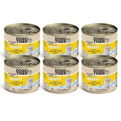 Afbeelding van Dogs&#039;n Tiger Schlemmermenu Freigeist, nat kattenvoer met kip, zalm en wortelen, zonder granen, toegevoegde suiker, kunstmatige conserveringsmiddelen, optimale verdraagbaarheid, 200 g (verpakking van 6