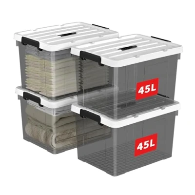 Afbeelding van Cetomo 45L x 4 opbergdozen, plastic opbergdoos met deksels, organiserende container handvat en veilige vergrendelende gespen, stapelbaar, nestbaar, draagtas voor thuiskleding, 4Pack, helder