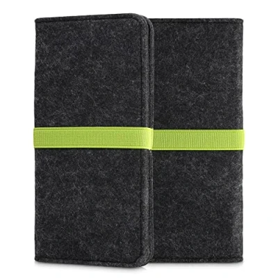 Afbeelding van kwmobile Telefoonhoesje van vilt Hoesje voor smartphone met elastische band Flip cover in donkergrijs / neon groen Binnenmaat 17,2 x 8 cm