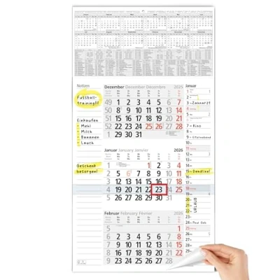 Afbeelding van TOBJA 3 maandenkalender 2025, wandkalender met schuiver, notitieveld en ruimte voor afspraken, kalender FSC gecertificeerd, schoolvakanties, feestdagen jaaroverzicht, groot formaat 30 x