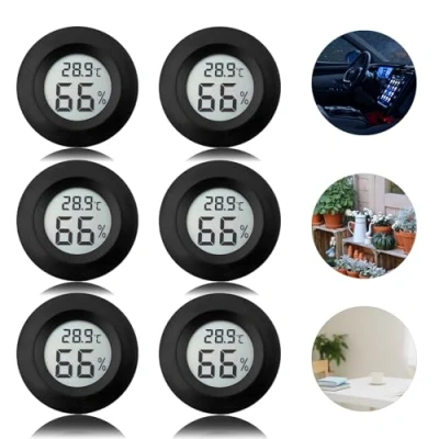 Afbeelding van Nizirioo Digitale hygrometer, thermometer voor binnenruimtes: 6 stuks lcd mini luchtvochtigheidsmeter, ℃/℉ kamerthermometer, hygrometer broeikas, kelder, babykamer, zwart, rond