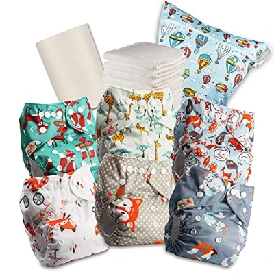 Afbeelding van Littles and Bloomz Herbruikbare babyluier voor baby&#039;s, standaard drukknoop, 6 luiers + inzetstukken, 1 wegwerp bamboe voering, natte luiertas, 618PM6