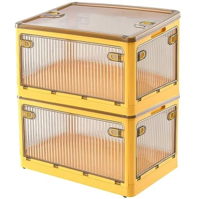 Afbeelding van Creahaus 2 stuks 28L plastic opbergbakken met wielen, vijf deuren stapelbare opbergbakken, speelgoed organizer container, vuilnisbak voor organisatie, opbergkast (geel)