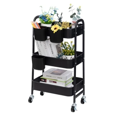 Afbeelding van Opbergwagen Rolwagen 3 etages Metaal Utility Cart, DOEWORKS Organizer Trolleywagen met Wielen voor Keuken Make up Badkamer Kantoor, Zwart Kopjes