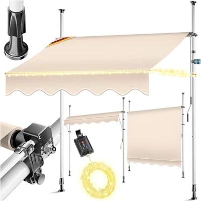 Afbeelding van KESSER® Klemluifel met handslinger en led lichtsnoer, balkonluifel zonder boren, luifel uv bestendig, in hoogte verstelbaar waterafstotend, zonwering voor balkon, terras tuin, 400 cm