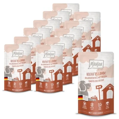 Afbeelding van MjAMjAM Premium natvoer voor honden Quetschie Hartig lamsvlees met gekookte rijst, verse tomaten en chiazaad, pak van 12 (12 x 125g), glutenvrij extra vlees
