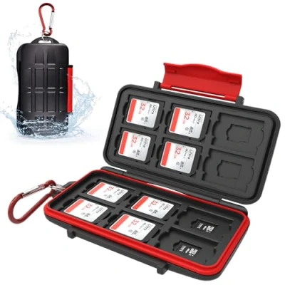 Afbeelding van Kiorafoto SD kaarthouder voor 12 SDXC SDHC kaarten + TF Micro kaarten, waterdichte en schokbestendige geheugenkaarthouder met karabijnhaak, compact draagbaar