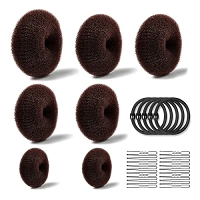 Afbeelding van 7 stuks haardonutset, kapselhulpset met 4 elastische haarbanden, 10 U vormige haarspelden, voor Chignon haar bevatten groot, medium en klein (bruin)