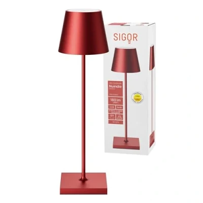 Afbeelding van SIGOR Nuindie dimbare led tafellamp op batterijen voor binnen en buiten, IP54 spatwaterdicht, hoogte 38 cm, oplaadbaar met Easy Connect, 12 uur lichtduur, kersenrood
