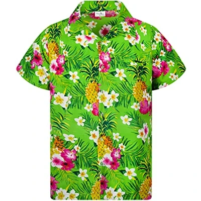 Afbeelding van King KAMEHA Funky casual Hawaïaans shirt voor kinderen, jongens en meisjes, voorzak, korte mouwen, uniseks, ananasbloemenprint, Ananas Bloemen Groen, 10 jaar