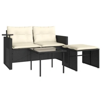 Afbeelding van 3 delige Loungeset met kussens poly rattan zwart