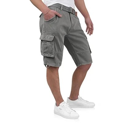 Afbeelding van Indicode Kjeld Cargoshorts voor heren, met 6 zakken, incl. stoffen riem van 100% katoen, korte broek, bermuda, zomer, herenshorts, cargobroek, zomerbroek mannen, grijs, M