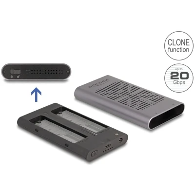 Afbeelding van Delock Externe USB 20 Gbps behuizing voor 2 x M.2 NVMe PCIe SSD met Type C™ aansluiting en kloonfunctie (M.2 2280, 2260, 2242), Harddisk behuizing, Grijs