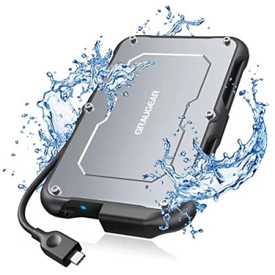 Afbeelding van GRAUGEAR, USB C externe behuizing voor 2,5 inch SATA SSD/HDD, UASP III 3.2 Gen2 6 Gbit/s, spatwaterdicht IP66, Geïntegreerde kabel, G 2502 10G