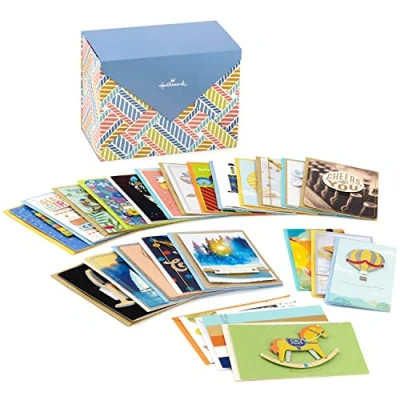 Afbeelding van Hallmark 5EDX1012 Set van 24 handgemaakte geassorteerde wenskaarten in doos, visgraatpatroon verjaardag, babyshower, bruiloft, sympathie, denken aan jou, bedankkaarten