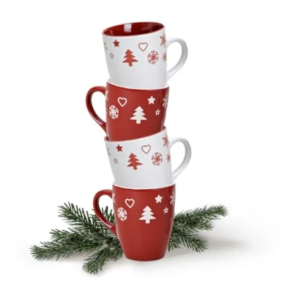 Afbeelding van matches21 Koffiemokken kerstmotieven rood wit keramiek set van 4 10 cm / 300 ml