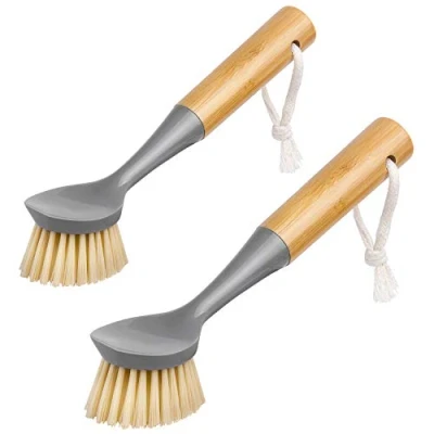 Afbeelding van MR.SIGA Afwasborstel met bamboe handvat Ingebouwde schraper, schrobborstel voor pannen, potten, spoelbakreiniging, 2 stuks