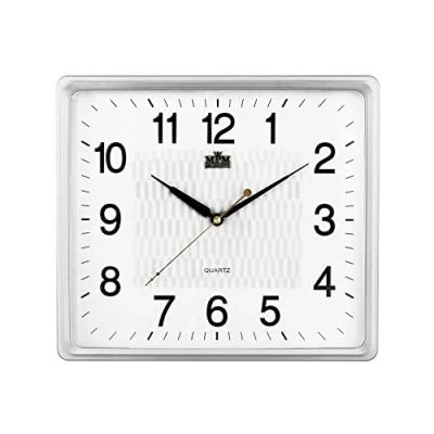 Afbeelding van MPM vierkante kunststof wandklok wit/zilver wanddecoratie kwartsuurwerk soepele afvoer