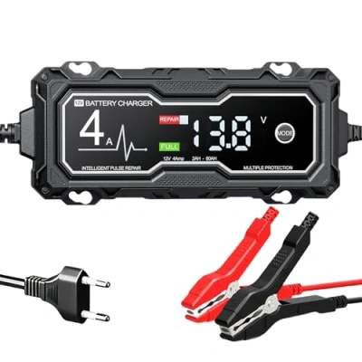 Afbeelding van Autoacculader, 4 A 12 V smart volautomatische auto acculader, starthulp powerbank met lcd scherm, oplader autoaccu voor auto, motorfiets, vrachtwagen, boot