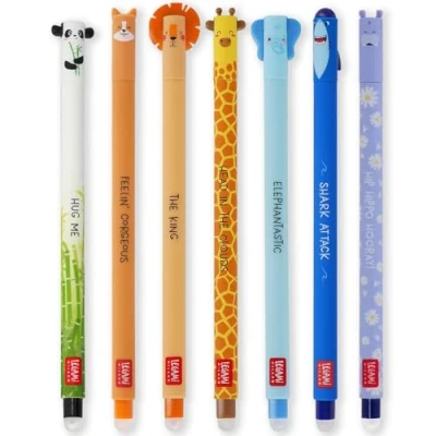 Afbeelding van LEGAMI Set van 7 uitwisbare gelpennen met thermogevoelige wisinkt, reeks inktkleuren en vatontwerpen, 0,7 mm tip, panda, corgi, leeuw, giraffe, olifant, haai, nijlpaarden ontwerpen