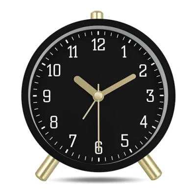 Afbeelding van Lafocuse Klassieke metalen wekker, analoog zonder tikken, zwart, geruisloze wekker met licht, moderne eenvoudige decoratie, tafelklok voor slaapkamer, nachtkastje, 11 cm